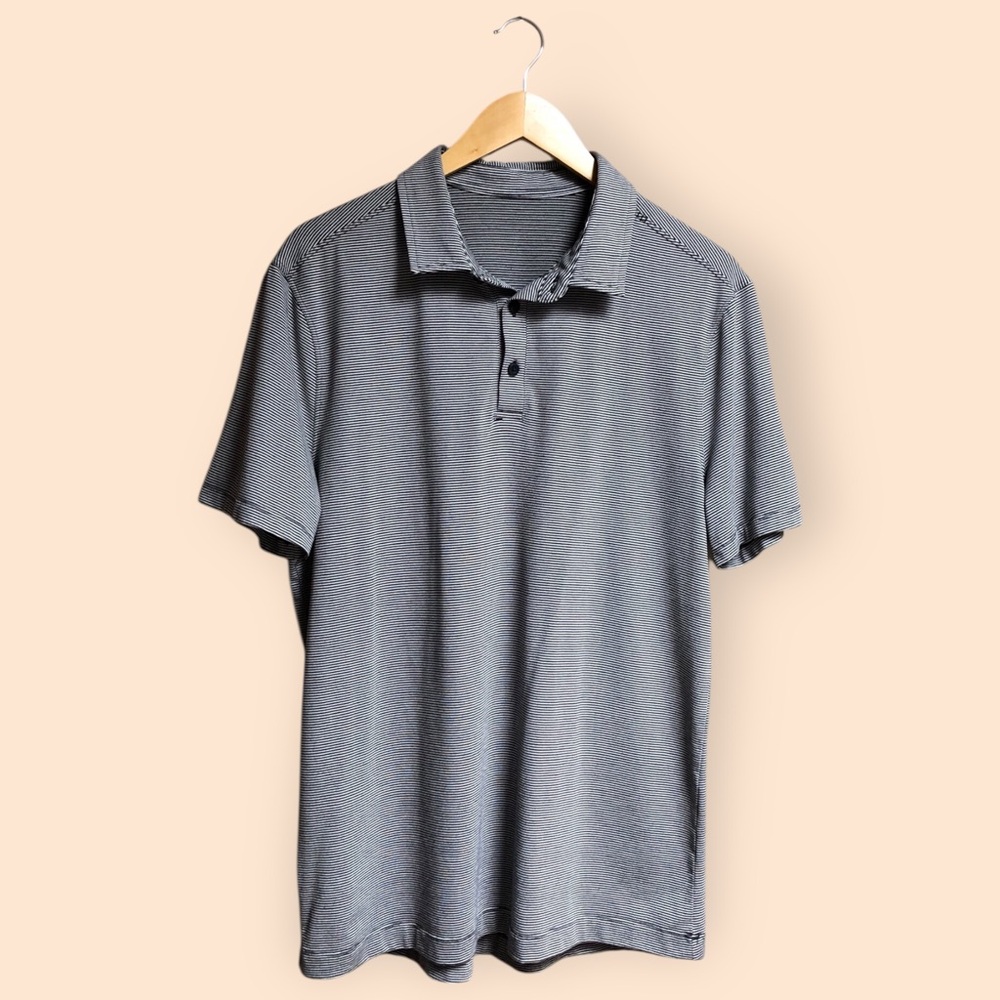 Lululemon MENS Evolution Polo Tonka Stripe Obsidian Vapor Black White Stripe M/L